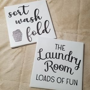 Set of 2 Farmhouse Boho Canvas Laundry Room Signs, 8.5 inch square